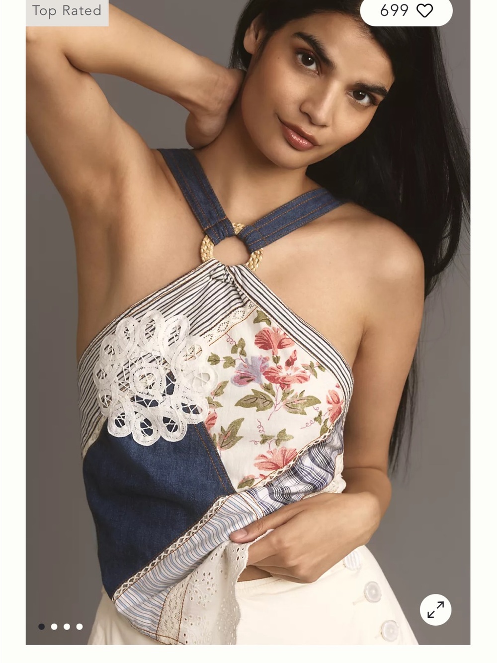 Anthropologie Patchwork Floral & Denim Crop Halter Top